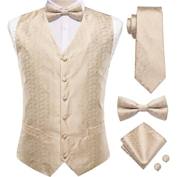 Men's Silk Vest Bowtie Set Formal Suit Vest Jacquard Tie Handkerchief - Picture 1 of 6